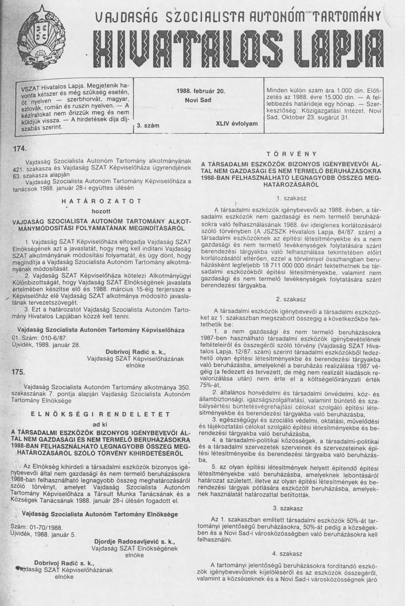 Vajdaság Szocialista Autonóm Tartomány Hivatalos Lapja, 44. évf. 1988. február 20. 3. sz.
