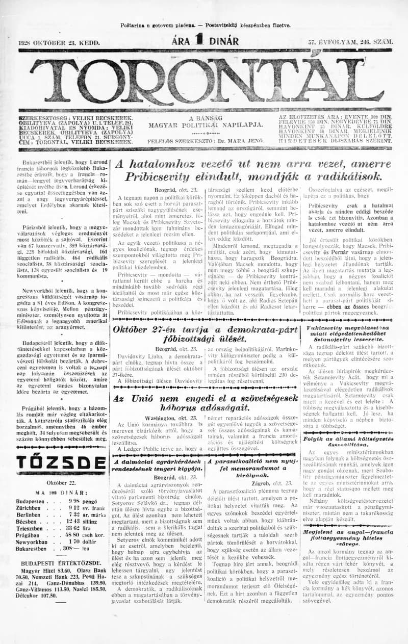 Torontál, 57. évf. 1928. október 23. 246. sz.