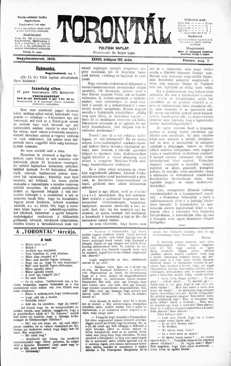 Torontál, 37. évf. 1908. augusztus 7. 180. sz.