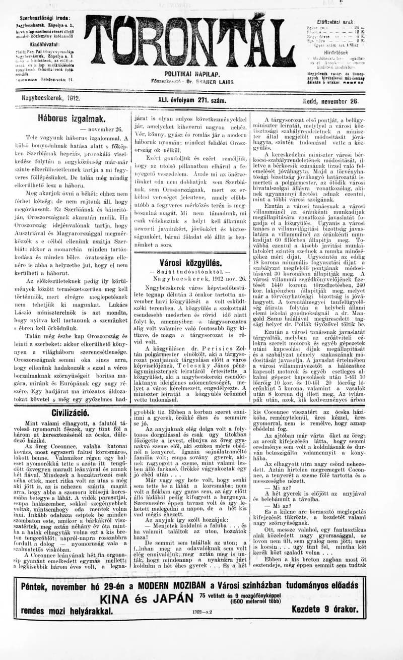Torontál, 41. évf. 1912. november 26. 271. sz.