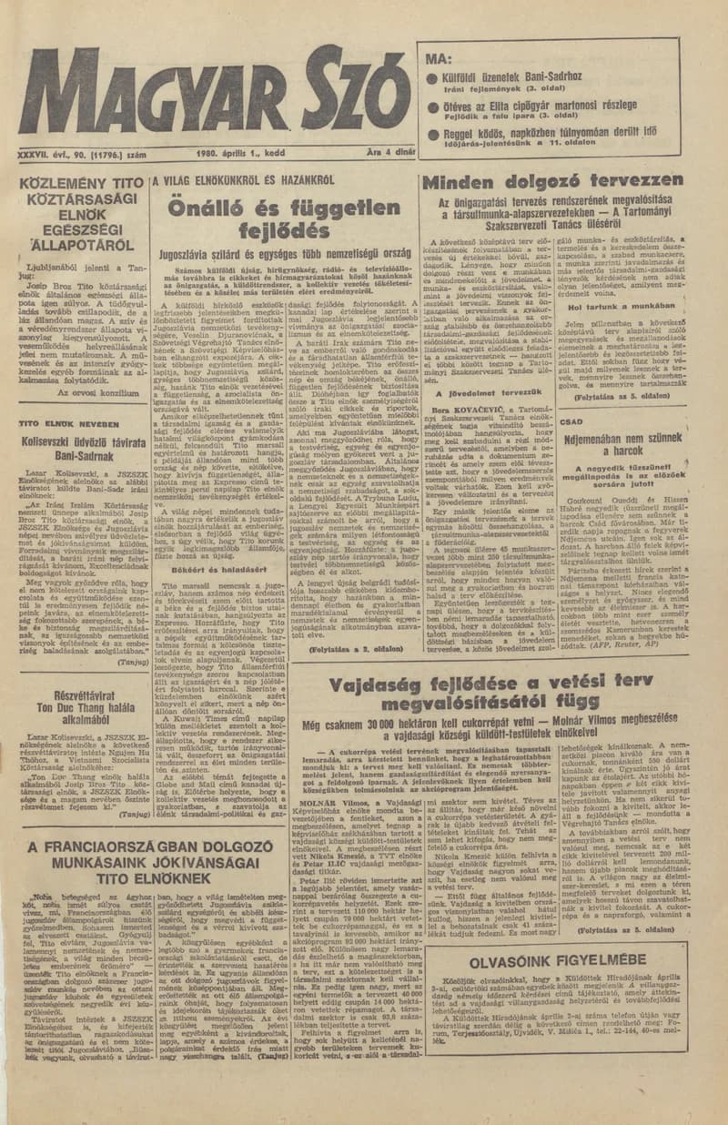 Magyar Szó, 37. évf. 1980. április 1. 90. sz. 1–20. oldal