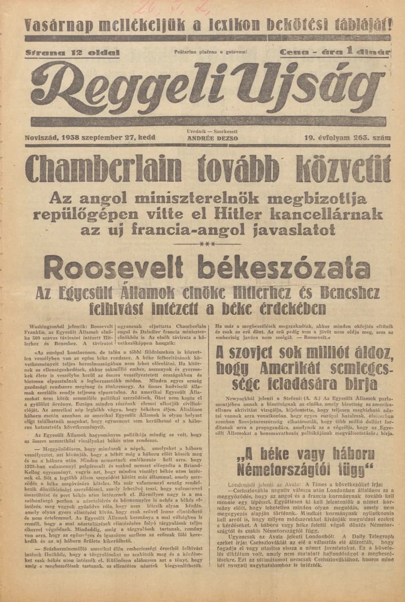 Reggeli Újság, 19. évf. 1938. szeptember 27. 263. sz.