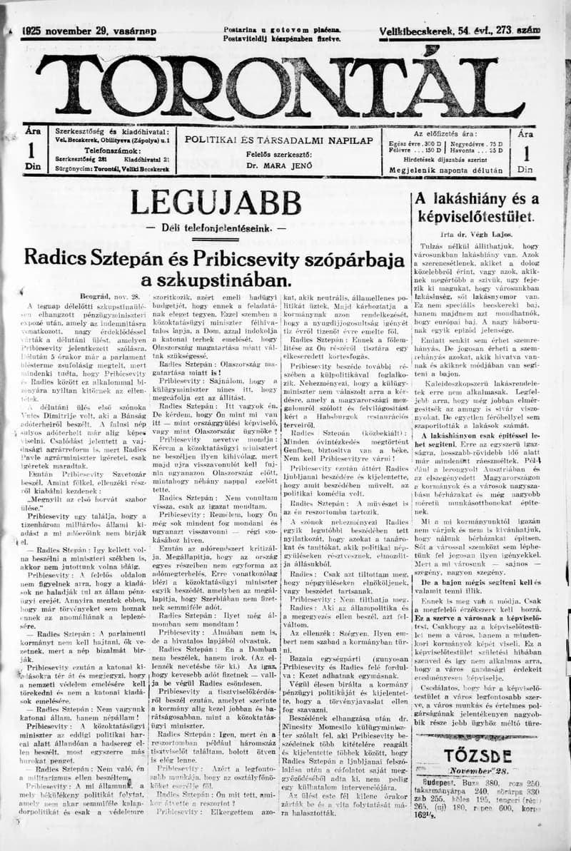 Torontál, 54. évf. 1925. november 29. 273. sz.