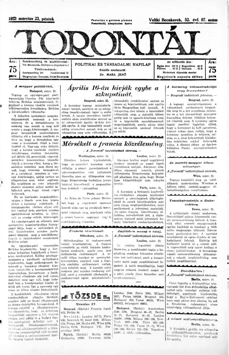 Torontál, 52. évf. 1923. március 23. 67. sz.