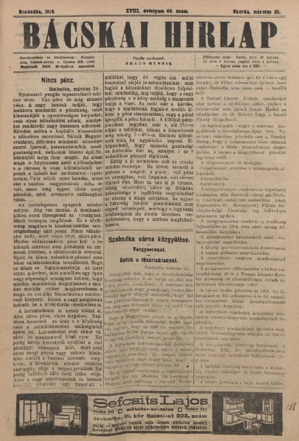 Bácskai Hirlap, 18. évf. 1914. március 25. 69. sz.