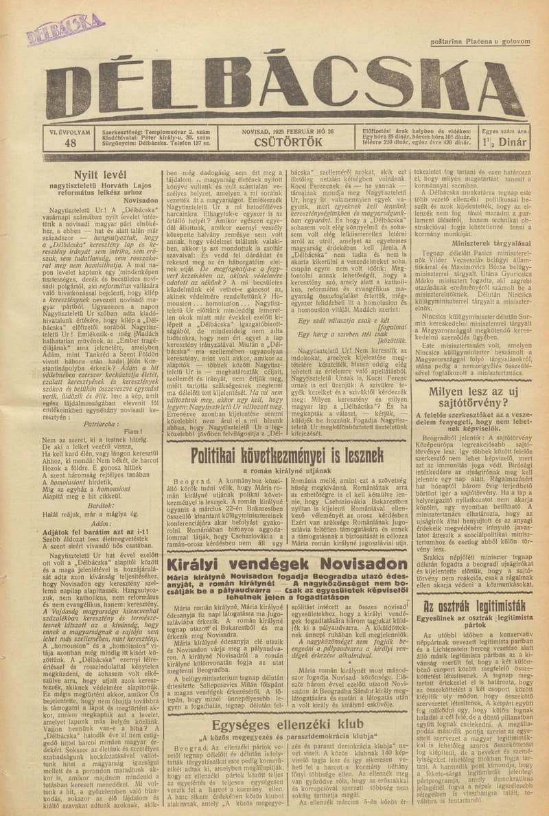 Délbácska, 6. évf. 1925. február 26. 48. sz.
