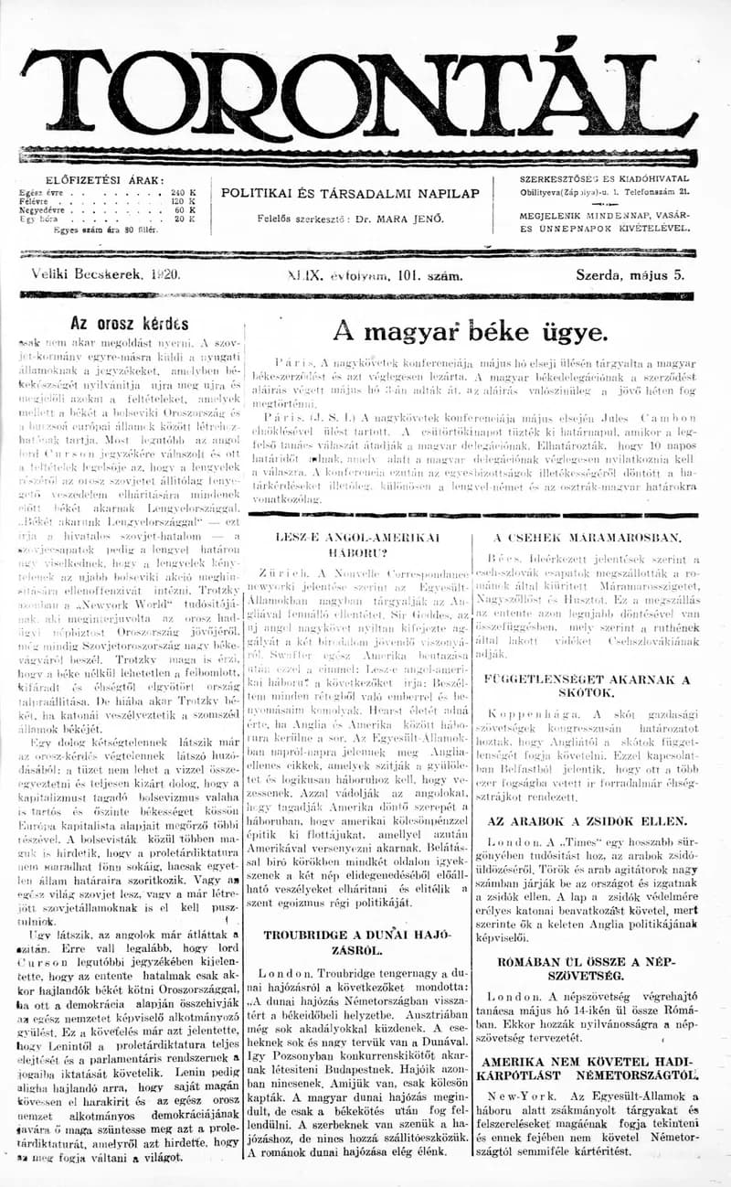Torontál, 49. évf. 1920. május 5. 101. sz.