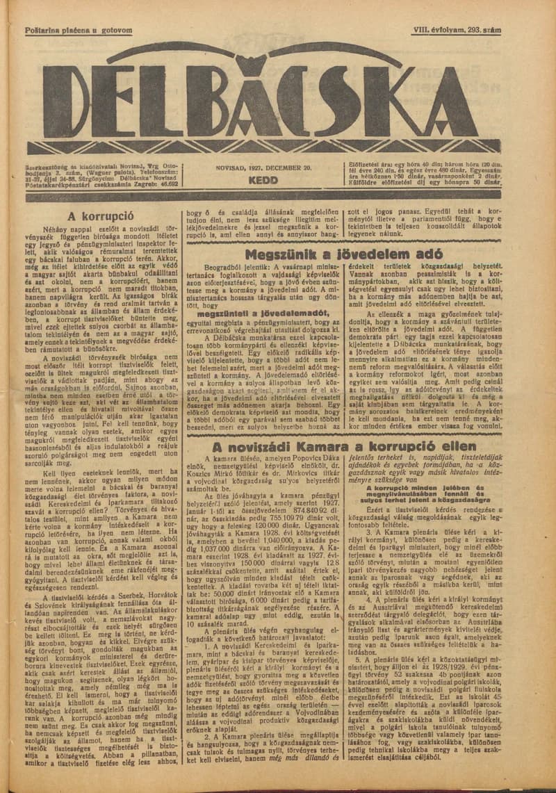 Délbácska, 8. évf. 1927. december 20. 293. sz.