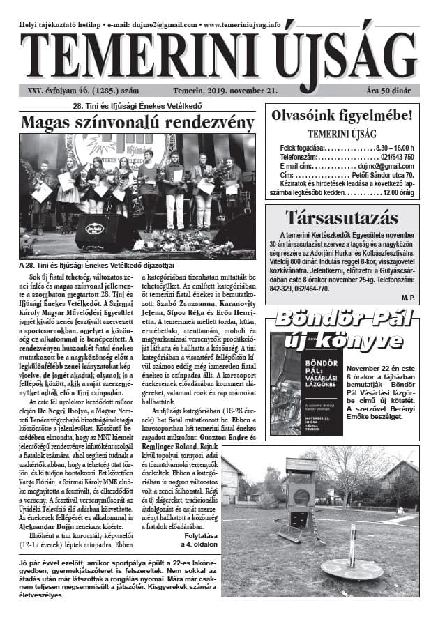 Temerini Újság, 25. évf. 2019. november 21. 46. sz.