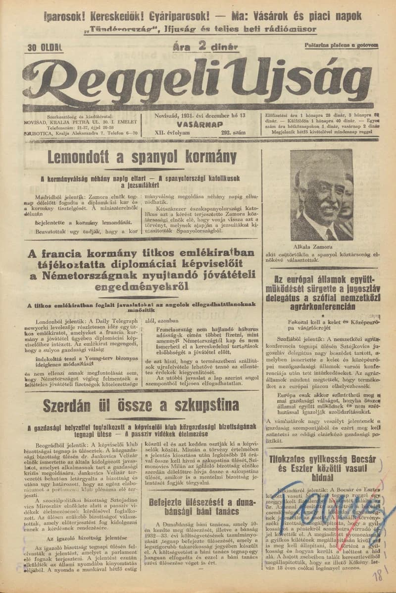 Reggeli Újság, 12. évf. 1931. december 13. 292. sz.