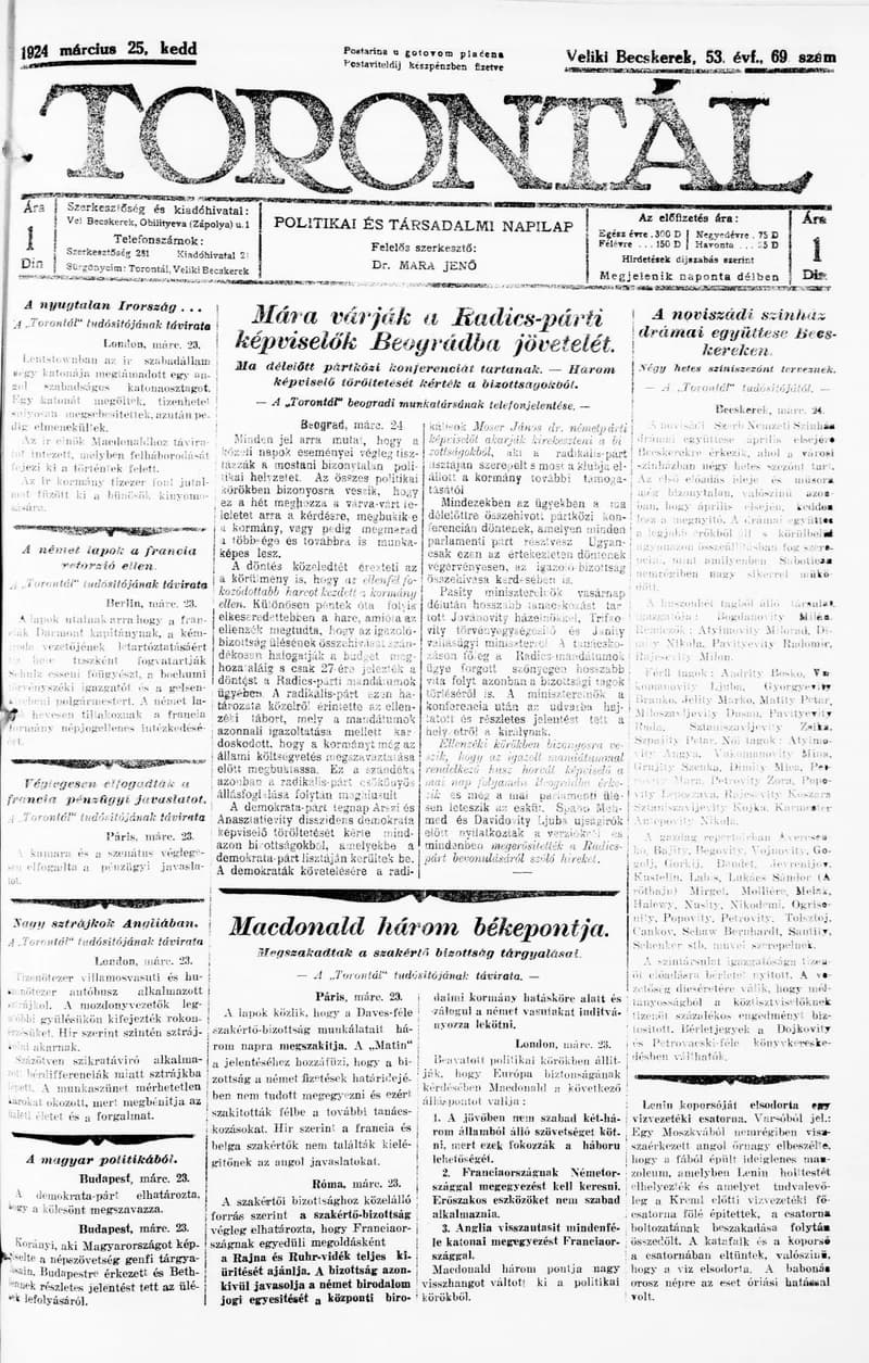 Torontál, 53. évf. 1924. március 25. 69. sz.