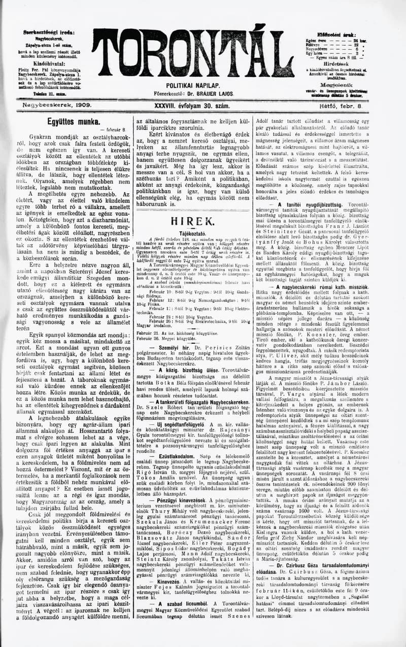 Torontál, 38. évf. 1909. február 8. 30. sz.