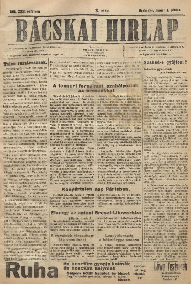 Bácskai Hirlap, 22. évf. 1918. január 4. 3. sz.