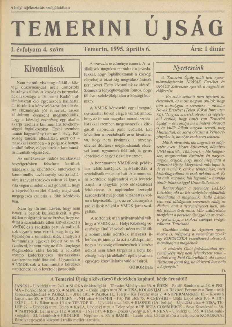 Temerini Újság, 1. évf. 1995. április 6. 4. sz.