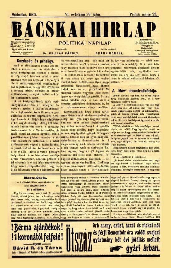 Bácskai Hirlap, 6. évf. 1902. május 23. 93. sz.