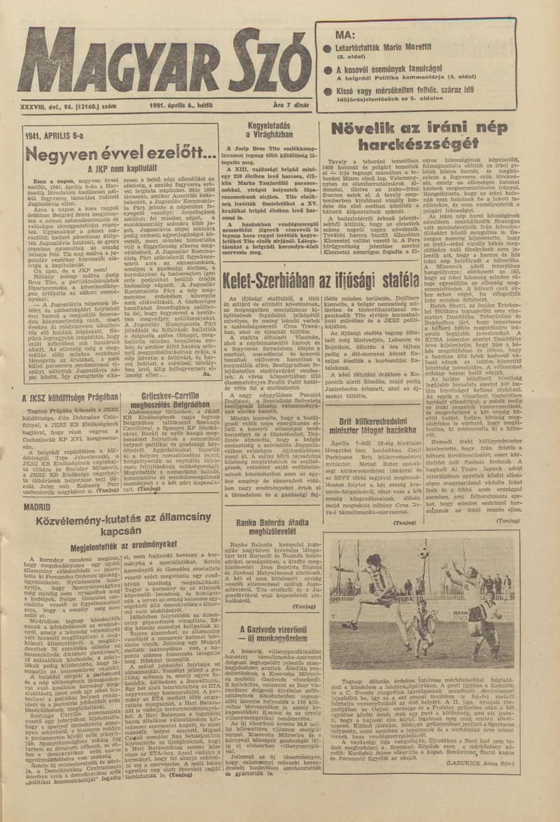 Magyar Szó, 38. évf. 1981. április 6. 94. sz.