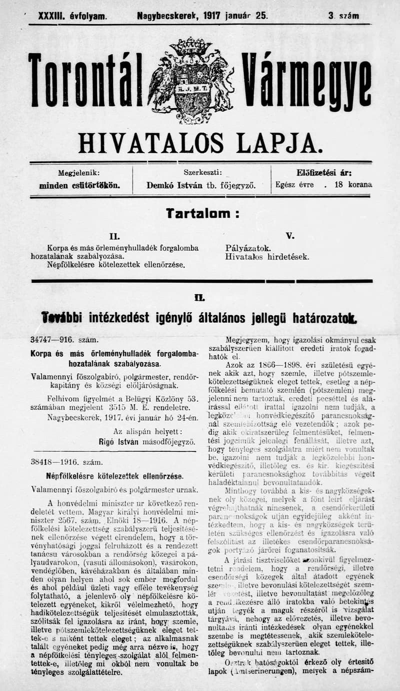 Torontál Vármegye Hivatalos Lapja, 33. évf. 1917. január 25. 3. sz.