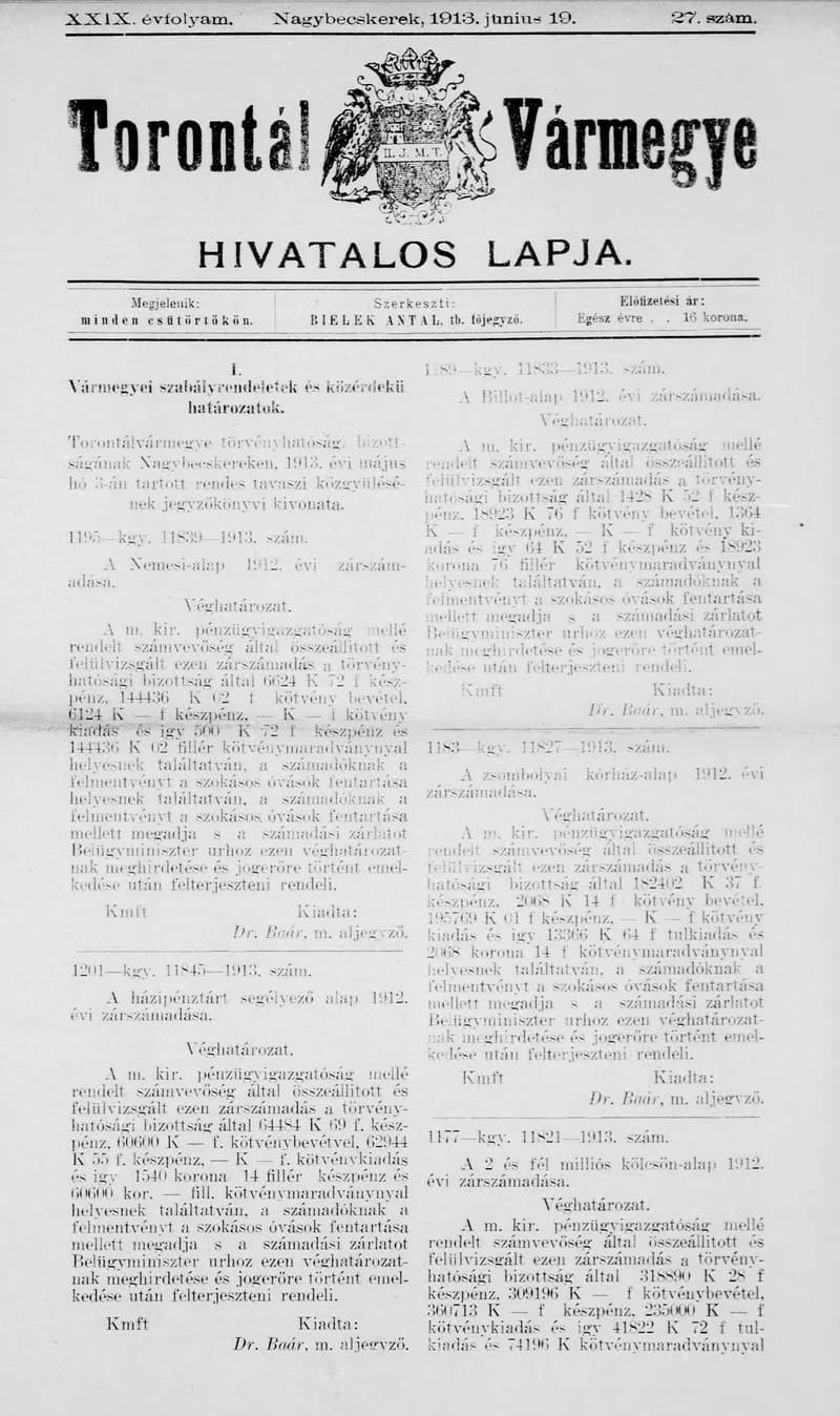 Torontál Vármegye Hivatalos Lapja, 29. évf. 1913. június 19. 27. sz.