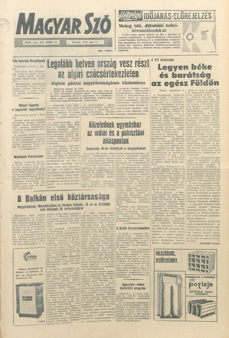 Magyar Szó, 30. évf. 1973. augusztus 3. 211. sz. 1–14. oldal