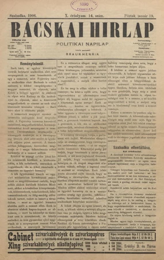 Bácskai Hirlap, 10. évf. 1906. január 19. 14. sz.
