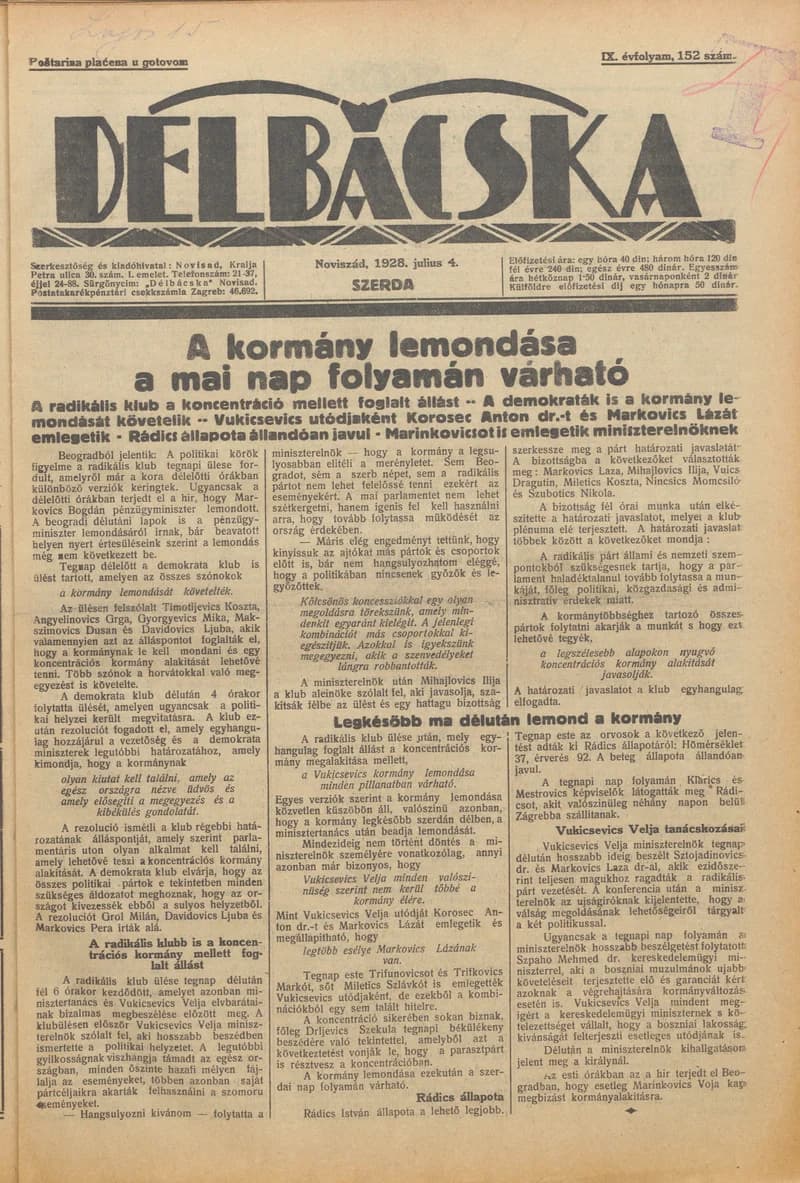 Délbácska, 9. évf. 1928. július 4. 152. sz.