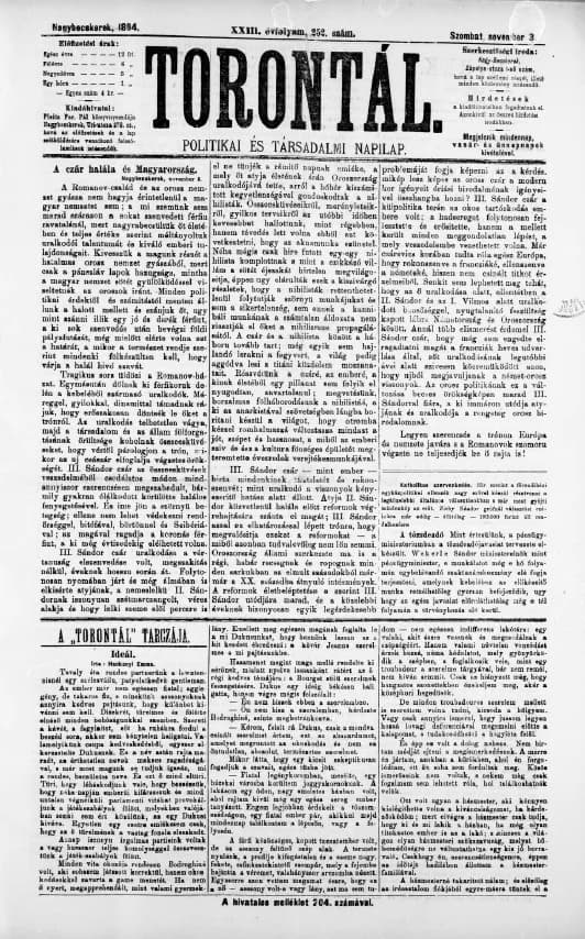 Torontál, 23. évf. 1894. november 3. 252. sz.