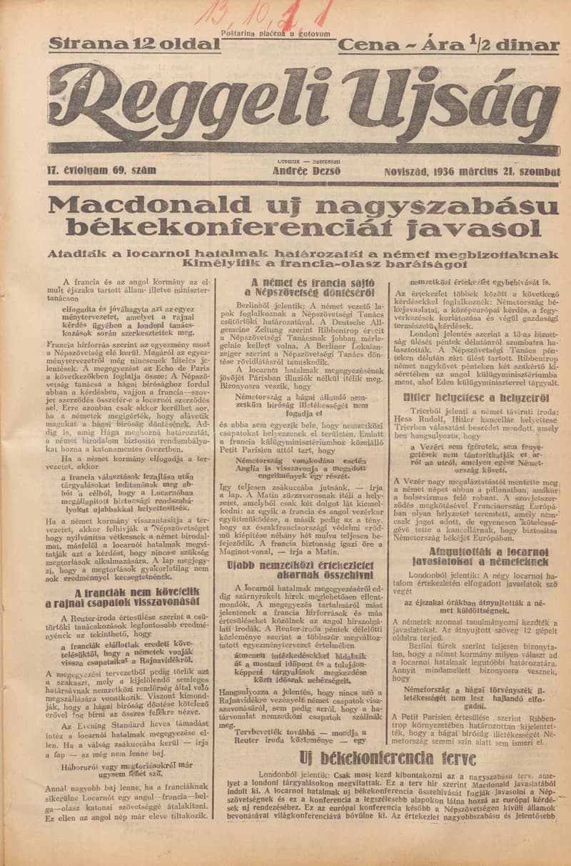 Reggeli Újság, 17. évf. 1936. március 21. 69. sz.