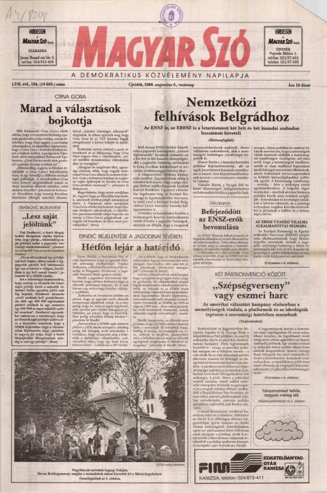 Magyar Szó, 57. évf. 2000. augusztus 6. 184. sz. 1–24. oldal