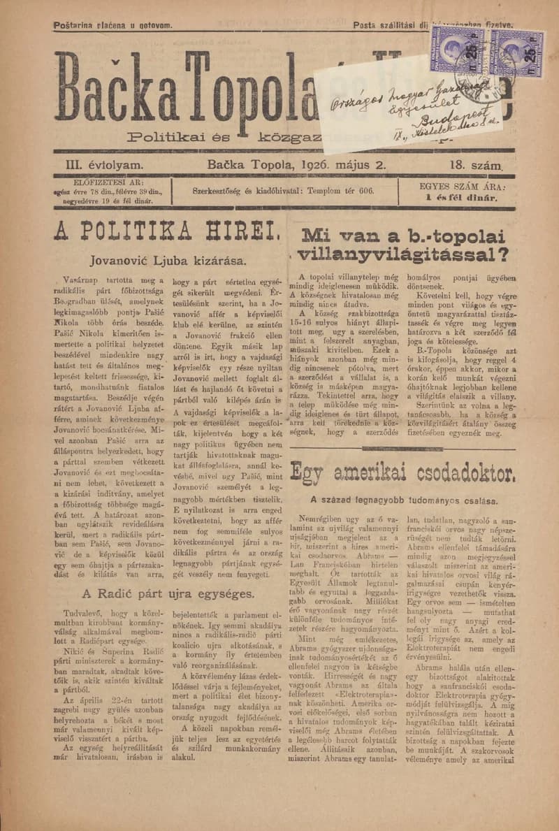 Bačka Topola és Vidéke, 3. évf. 1926. május 2. 18. sz.