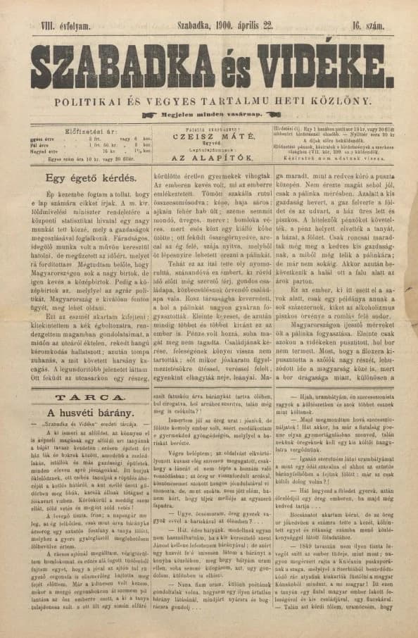 Szabadka és vidéke II, 8. évf. 1900. április 22. 16. sz.