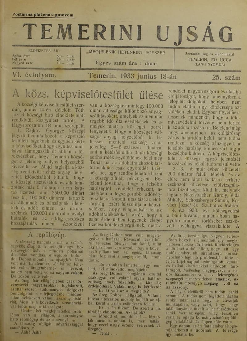 Temerini Újság 1928-1944, 6. évf. 1933. június 18. 25. sz.