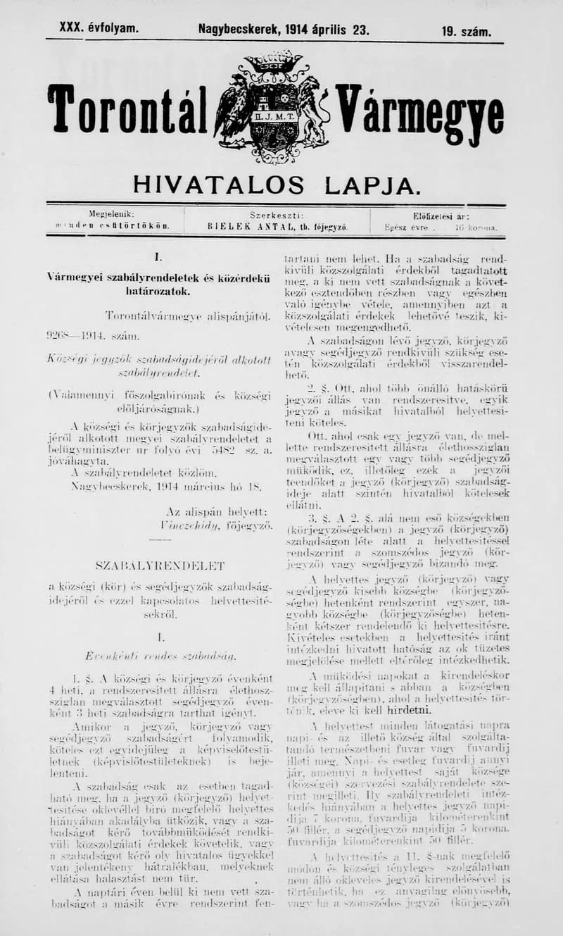 Torontál Vármegye Hivatalos Lapja, 30. évf. 1914. április 23. 19. sz.