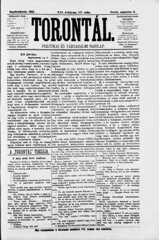 Torontál, 21. évf. 1892. augusztus 31. 179. sz.