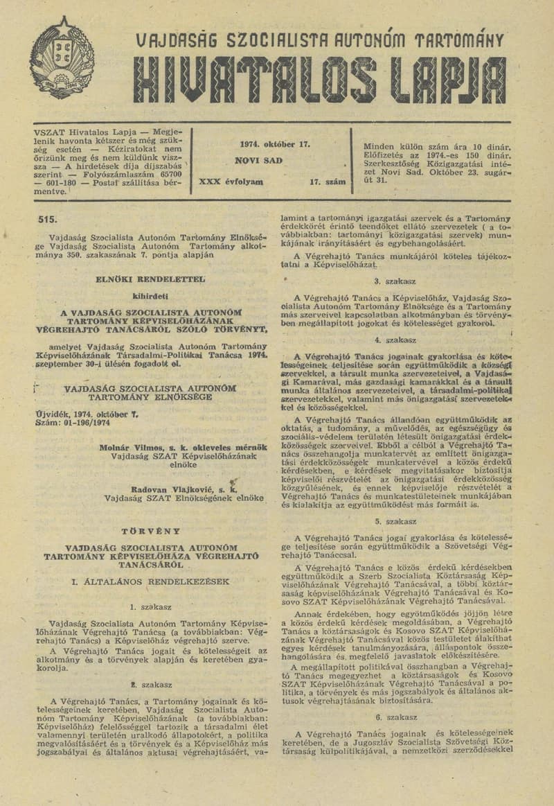 Vajdaság Szocialista Autonóm Tartomány Hivatalos Lapja, 30. évf. 1974. október 17. 17. sz. 689–700. oldal