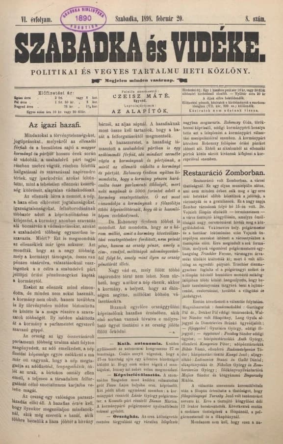 Szabadka és vidéke II, 6. évf. 1898. február 20. 8. sz.
