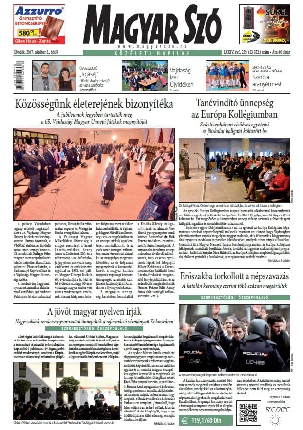 Magyar Szó, 74. évf. 2017. október 2. 229. sz. 1. oldal