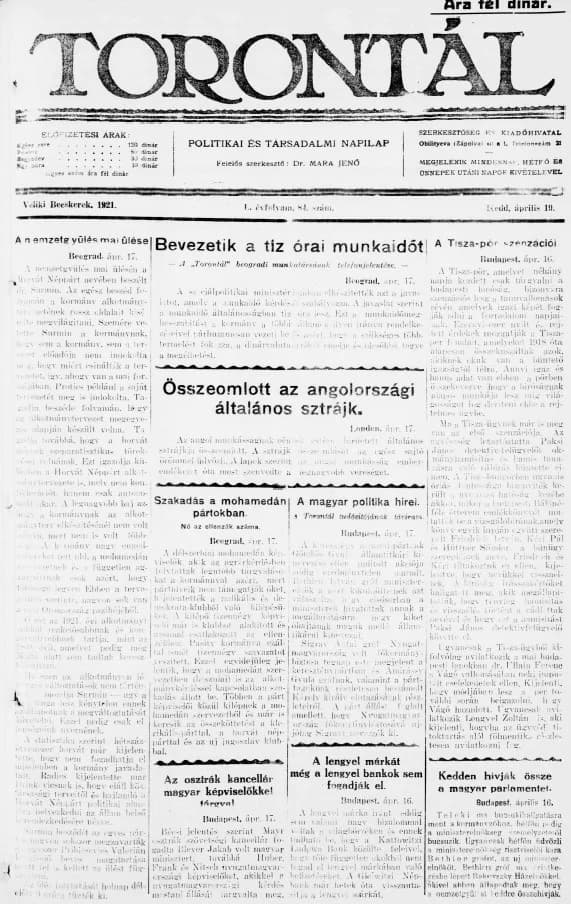 Torontál, 50. évf. 1921. április 19. 84. sz.