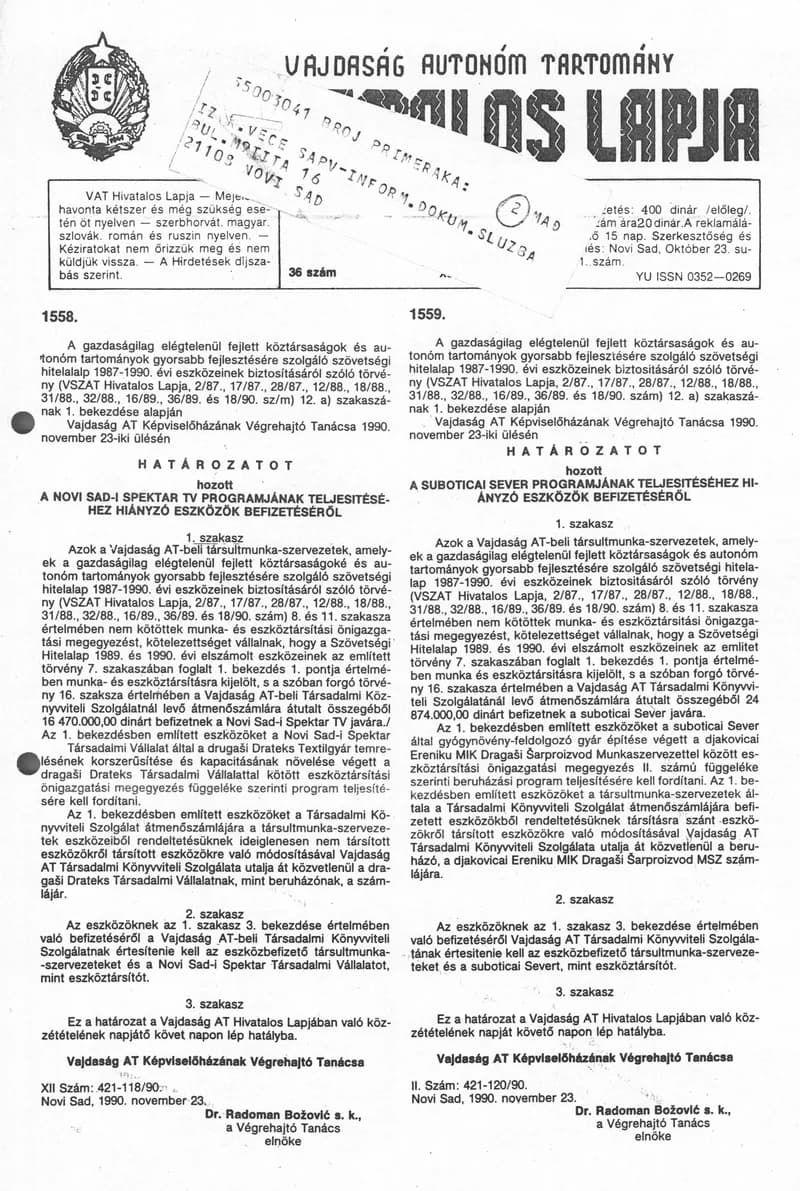 Vajdaság Szocialista Autonóm Tartomány Hivatalos Lapja, 46. évf. 1990. december 22. 36. sz.