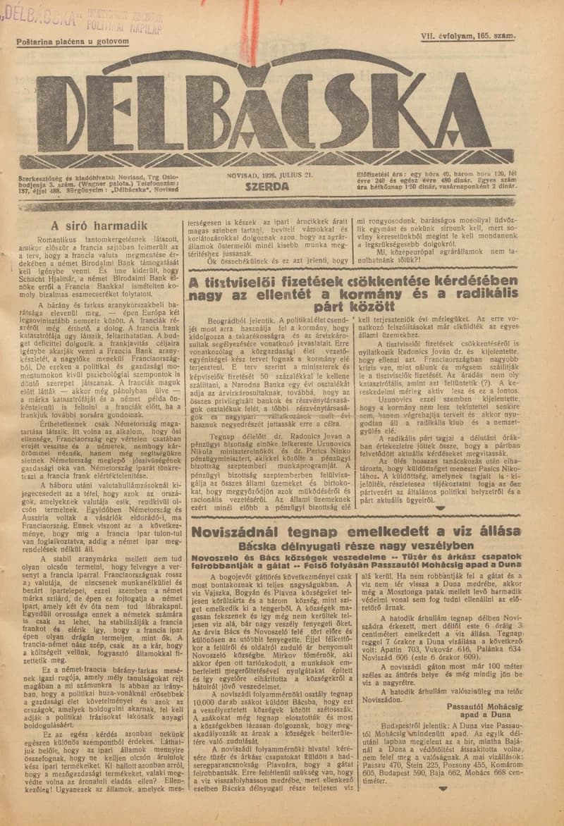 Délbácska, 7. évf. 1926. július 21. 165. sz.