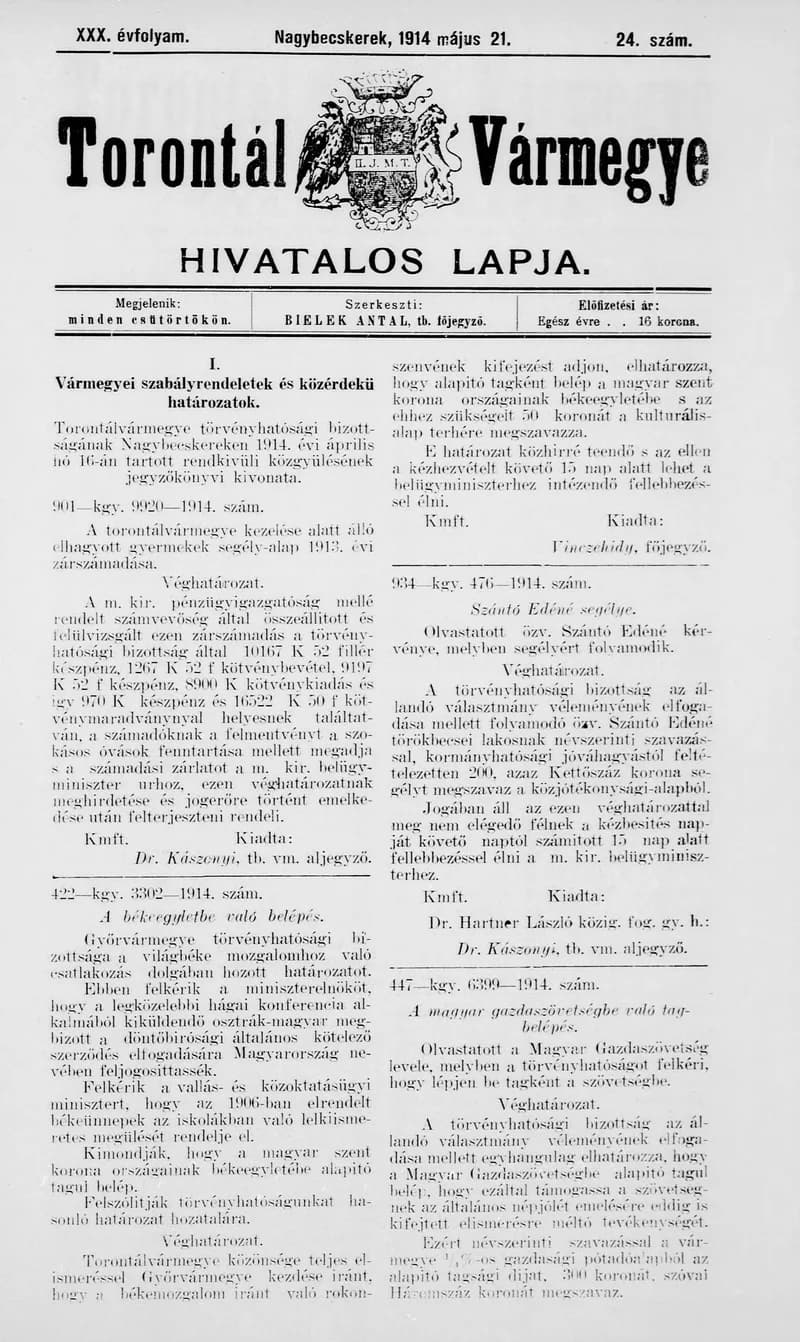 Torontál Vármegye Hivatalos Lapja, 30. évf. 1914. május 21. 24. sz.