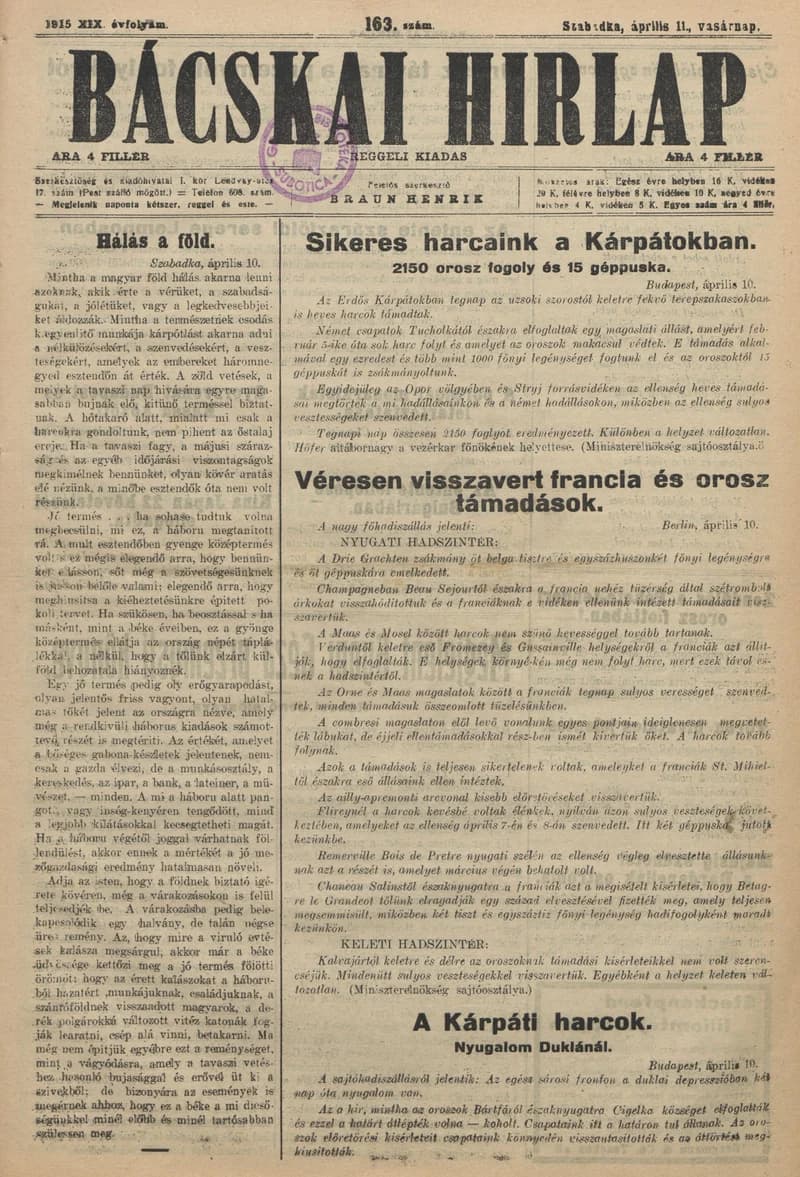 Bácskai Hirlap, 19. évf. 1915. április 11. 163. sz.
