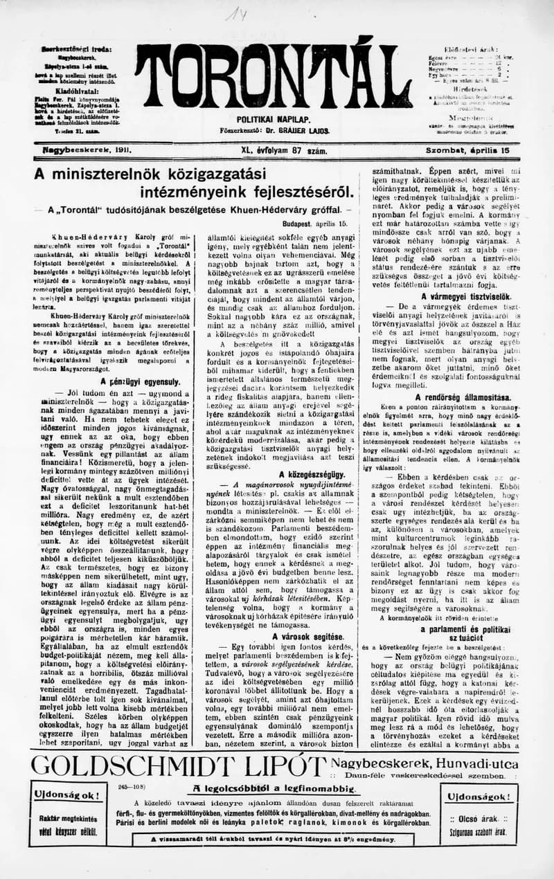 Torontál, 40. évf. 1911. április 15. 87. sz.