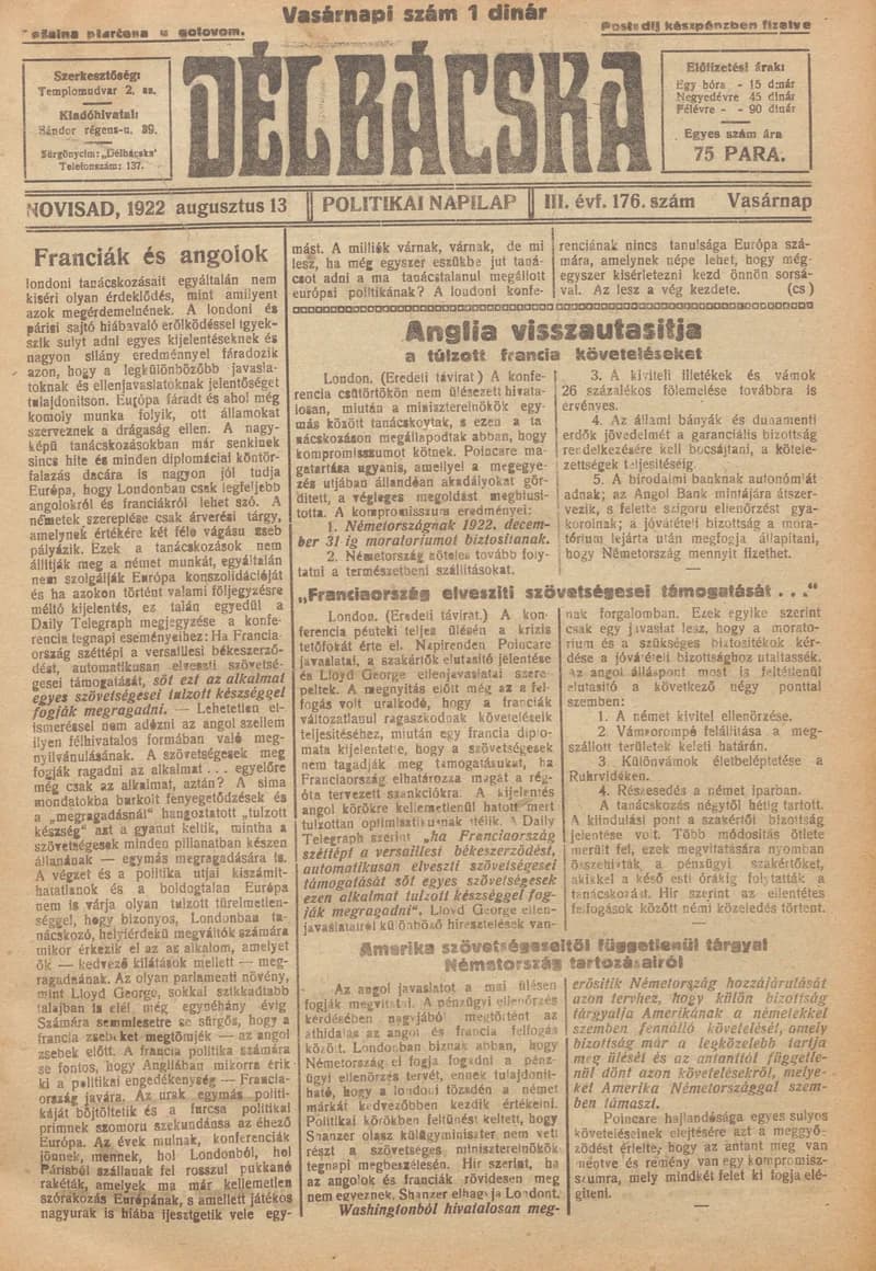 Délbácska, 3. évf. 1922. augusztus 13. 176. sz.