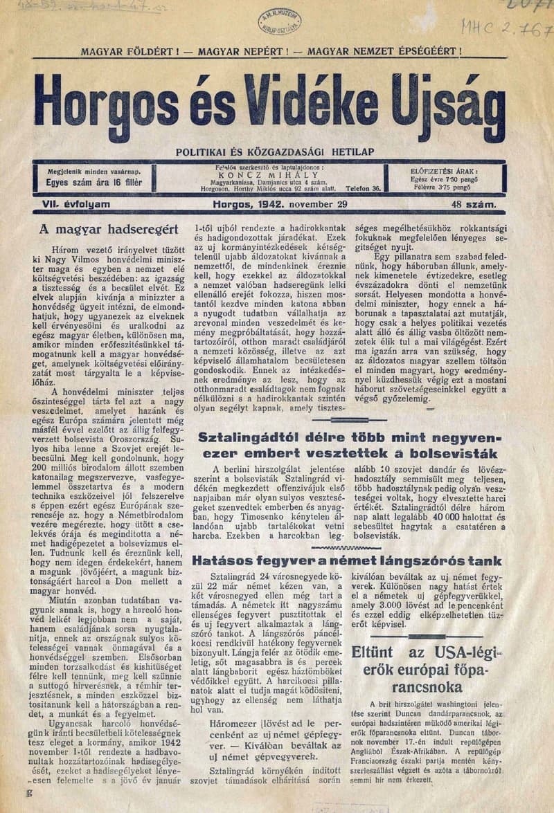 Horgos és vidéke, 7. évf. 1942. november 29. 48. sz.