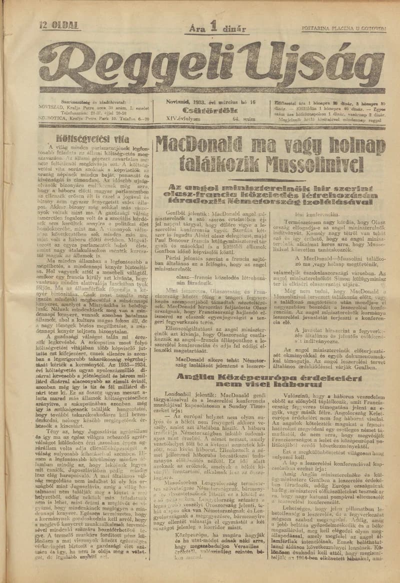 Reggeli Újság, 14. évf. 1933. március 16. 64. sz.