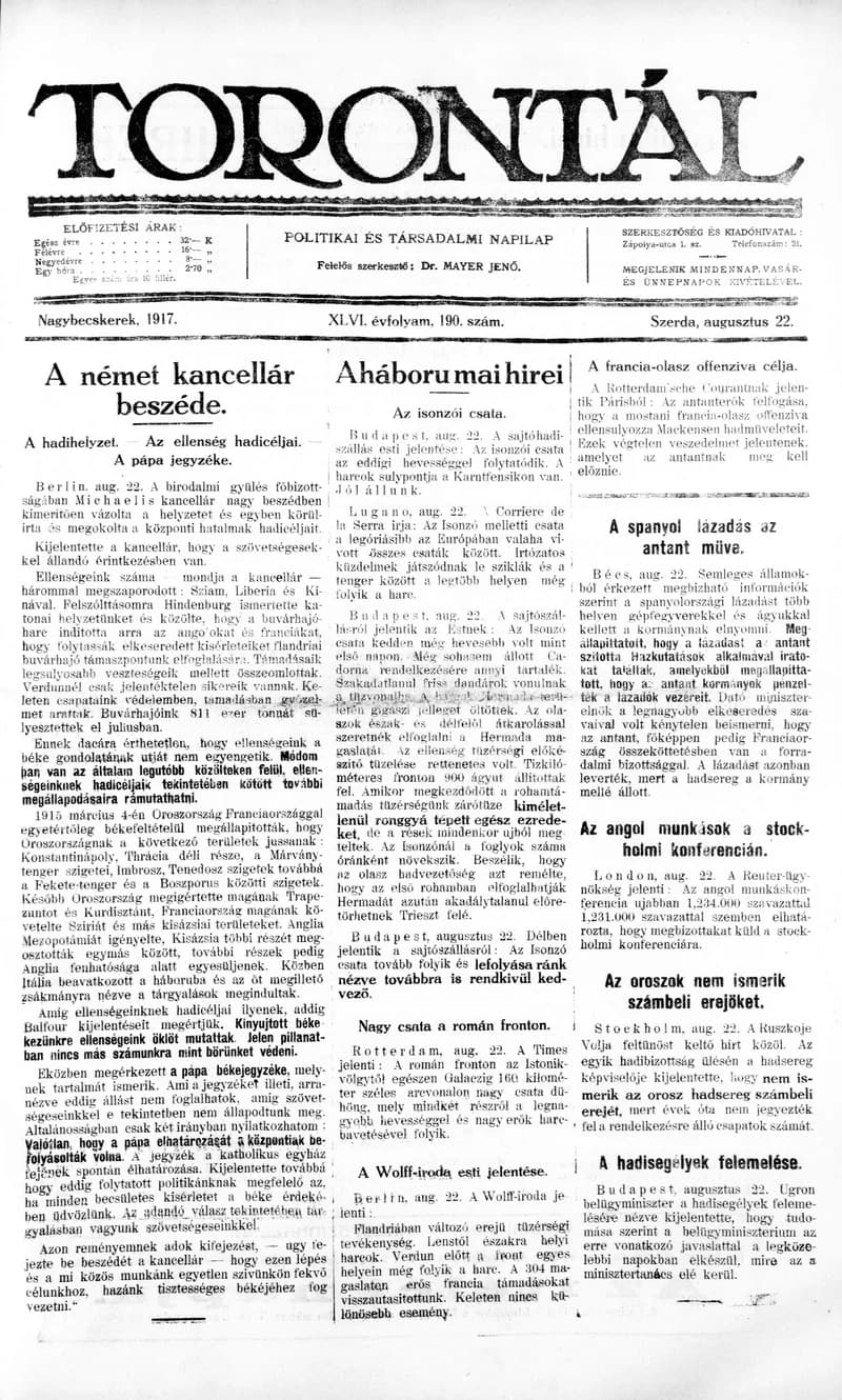 Torontál, 46. évf. 1917. augusztus 22. 190. sz.