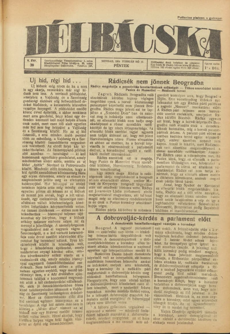 Délbácska, 5. évf. 1924. február 15. 39. sz.