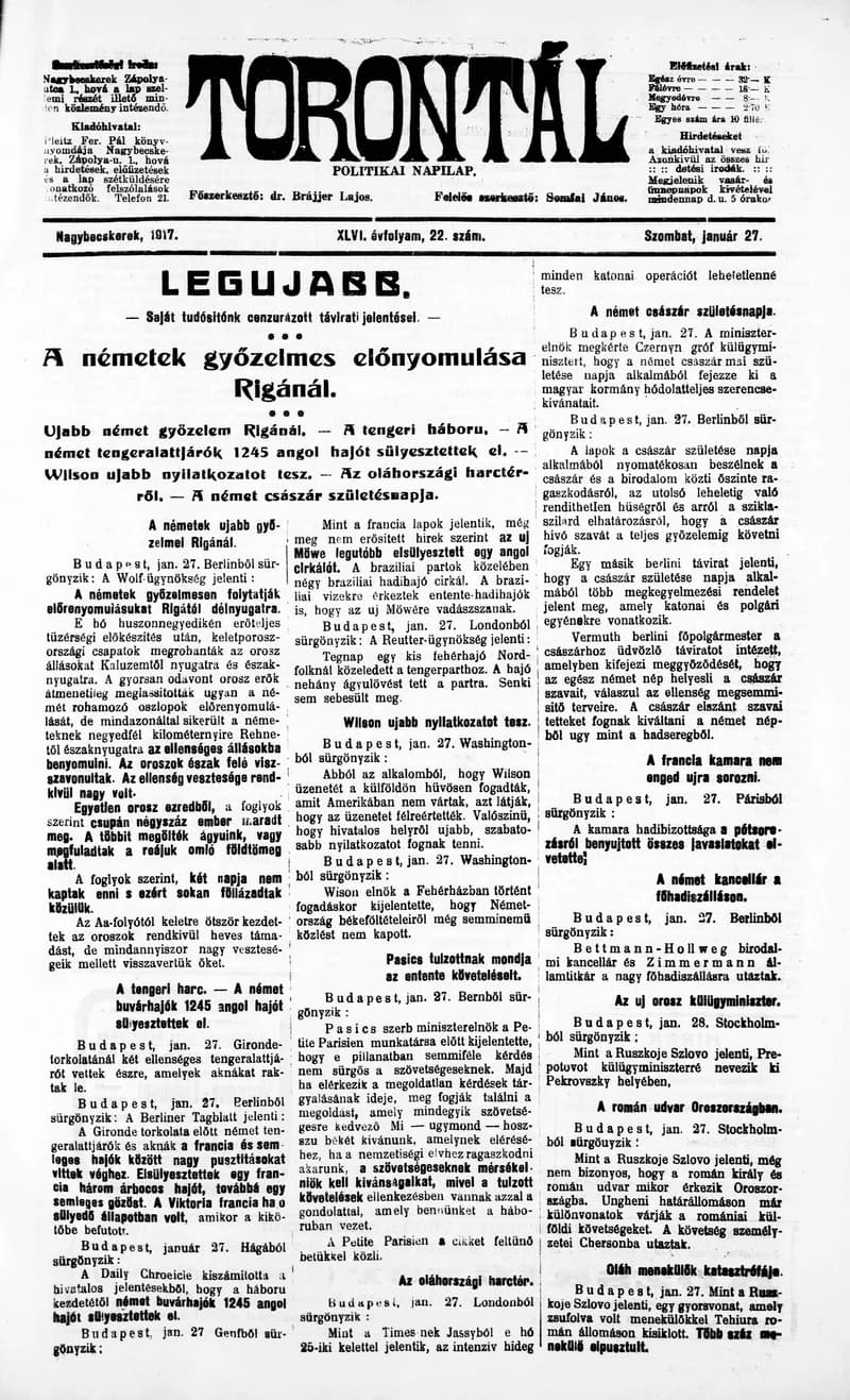 Torontál, 46. évf. 1917. január 27. 22. sz.