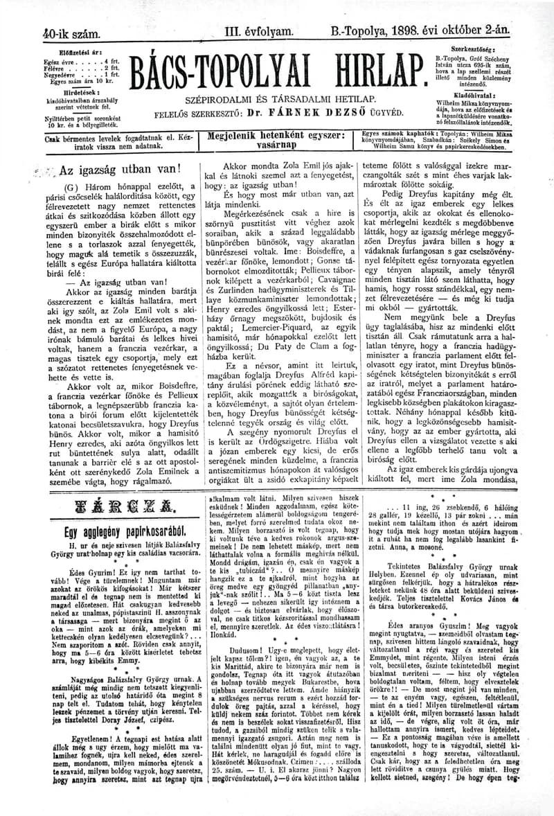 Bács-Topolyai Hirlap, 3. évf. 1898. október 2. 40. sz.