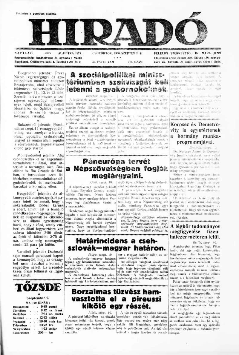 Híradó, 59. évf. 1930. szeptember 11. 210. sz.